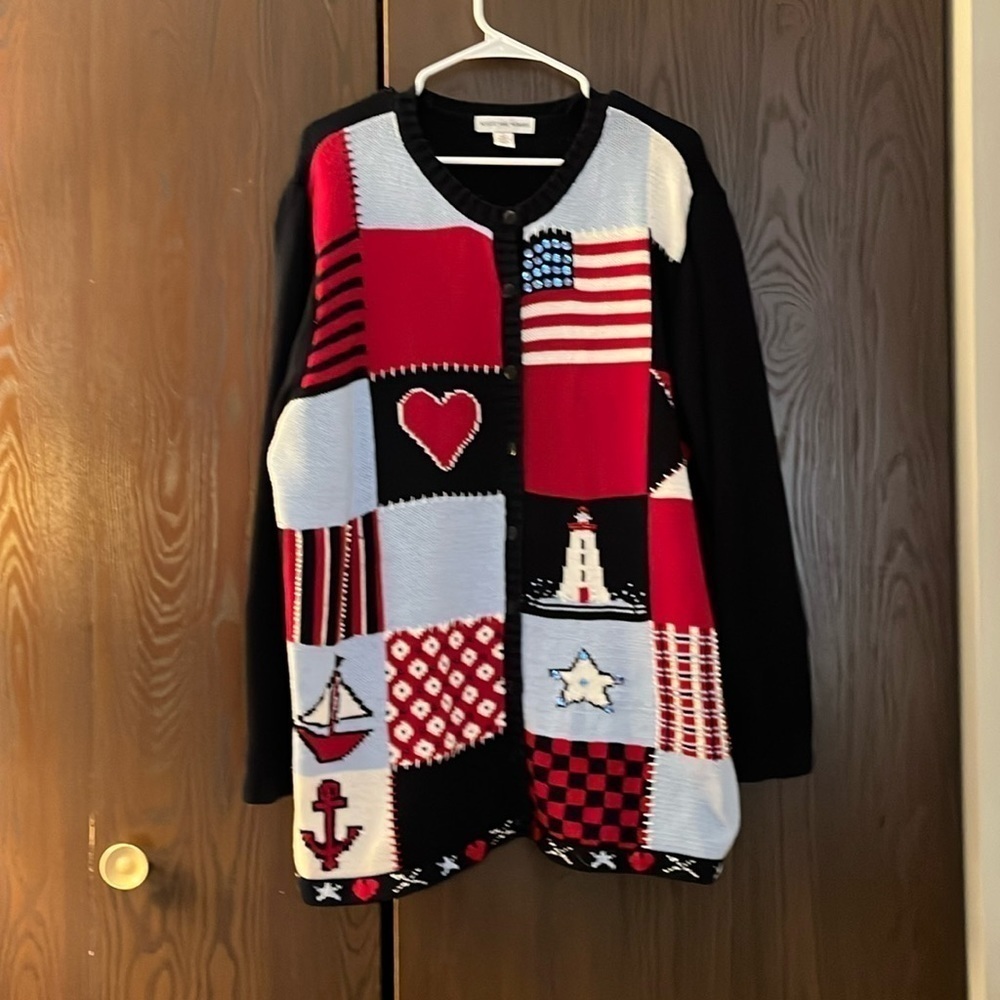August Max Woman vintage, navy blue, red, white knit cardigan. Size 1X.
